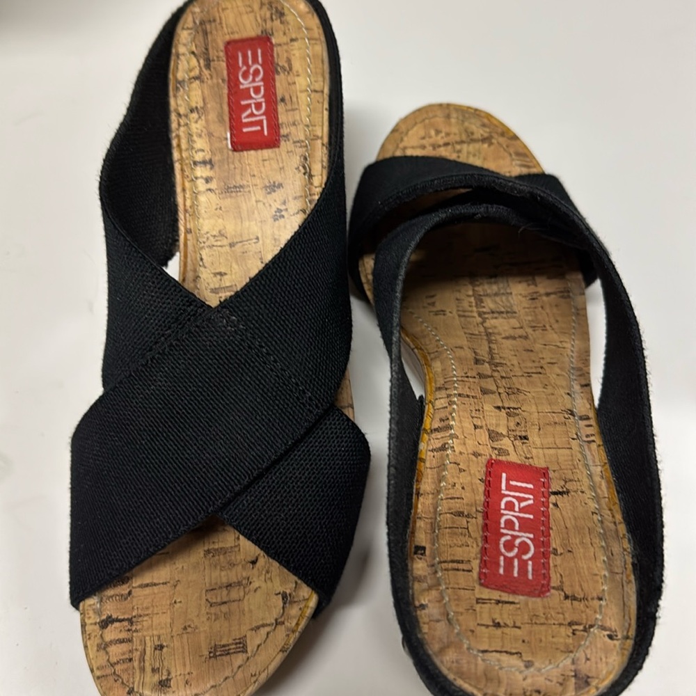 Espirit wedge sandal.  Cork wedge and heavy elastic upper. Size 10